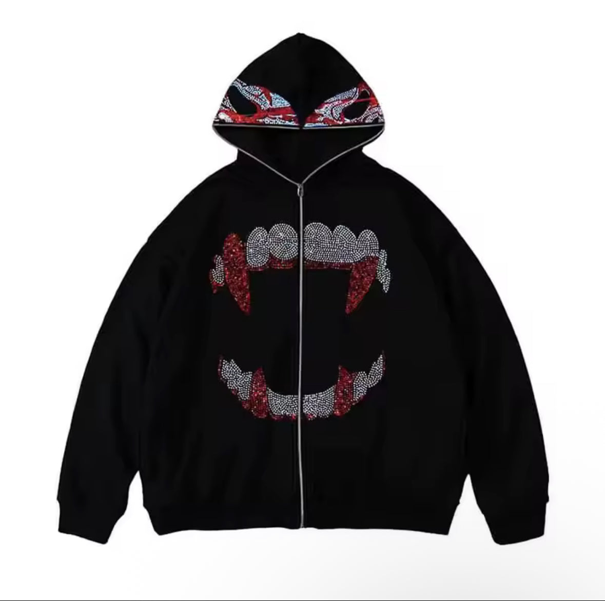 Fashion autumn punk y2k gothic grunge rhinestone teeth zip up hoodies long sleeve coat sweatshirt jacket streetwear
