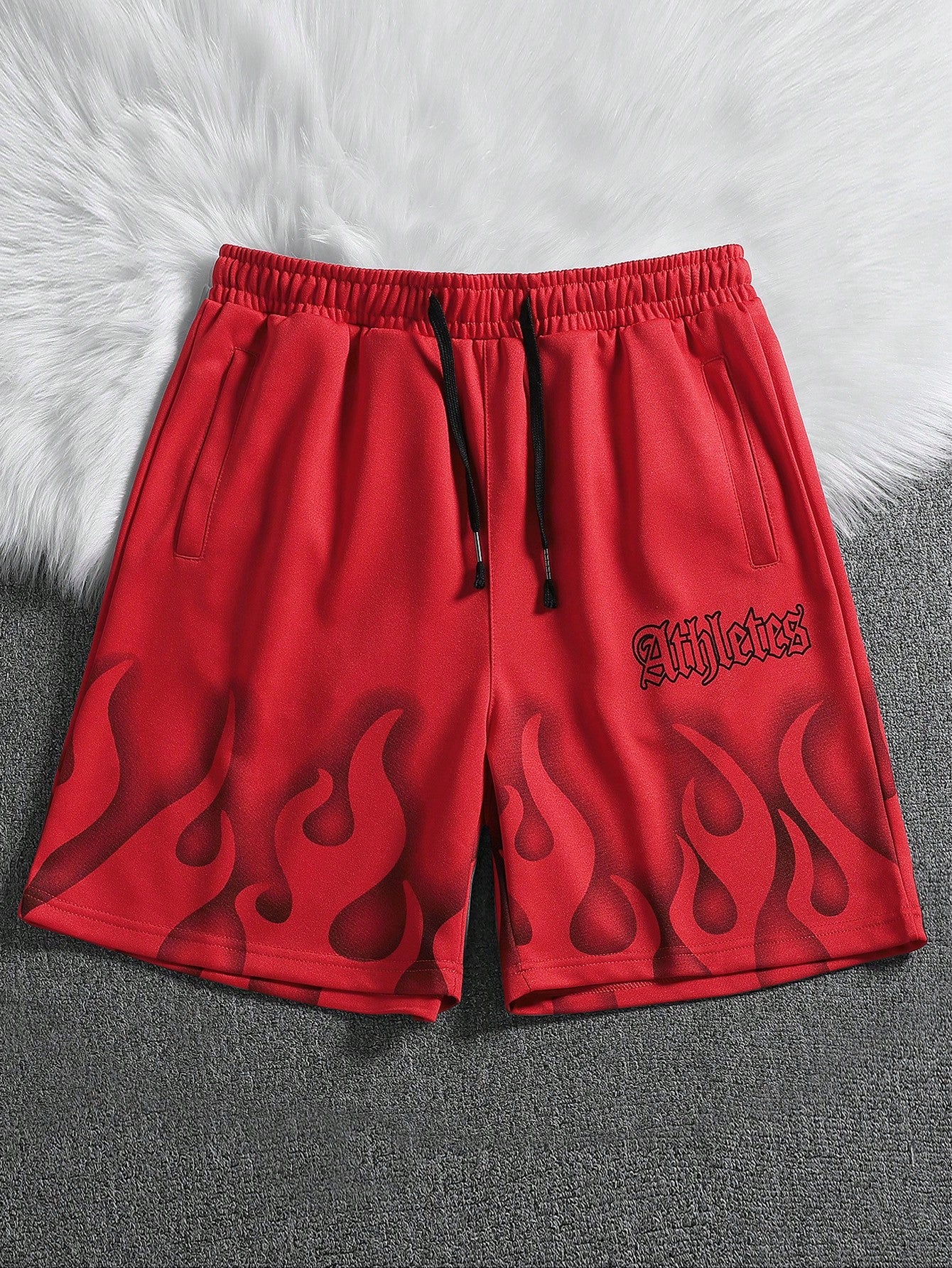Manfinity Roghcode Loose Men'S Fire & Letter Printed Drawstring Waist Shorts Flame Pants Street Wear Shorts Men Sport Shorts Men Athletic Shorts