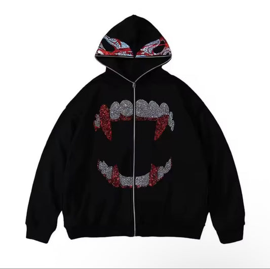 Fashion autumn punk y2k gothic grunge rhinestone teeth zip up hoodies long sleeve coat sweatshirt jacket streetwear
