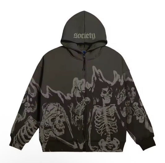 Men's and women's graphic printed sweatshirt, skull pattern, retro street style, casual sweatshirt with vintage zipper, Y2K sweatshirt