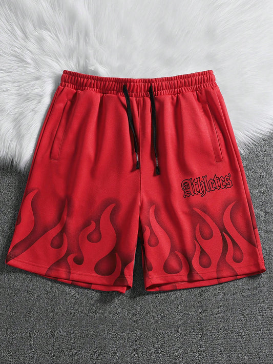 Manfinity Roghcode Loose Men'S Fire & Letter Printed Drawstring Waist Shorts Flame Pants Street Wear Shorts Men Sport Shorts Men Athletic Shorts